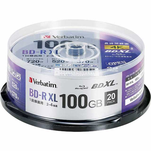 VERBATIMJAPAN　録画用BDR XL 20枚スピンドル 録画用ＢＤ−Ｒ ［20枚 /100GB /インクジェットプリンター対応］　VBR520YP20SD4