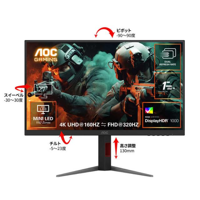 AOC　U27G4XM/11 Fast IPS with MiniLED/320/1ms/P対 [ 27型 / 4K(3840×2160) / ワイド ]　