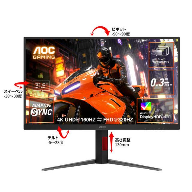 AOC　U32G4/11 Fast IPS/320/0.3ms/P対 [ 31.5型 / 4K(3840×2160) / ワイド ]　