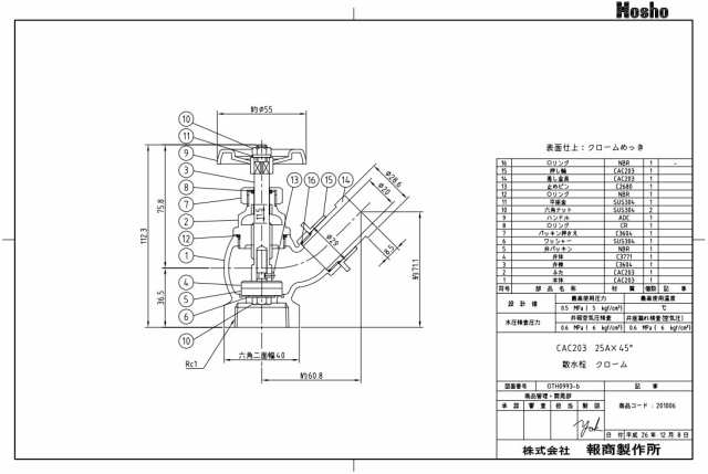 報商製作所 BR 散水栓 クローム 25mm×45度 散水バルブ 25A 消火栓