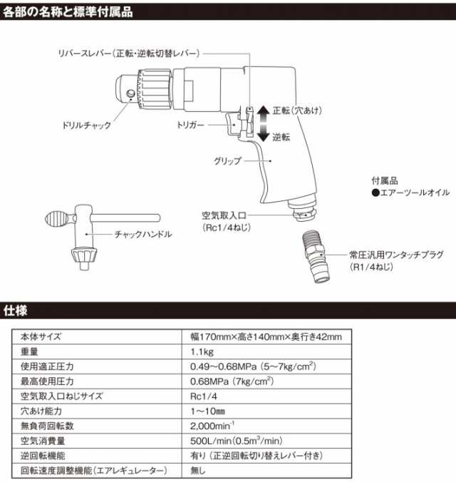 SK11 エアードリル エアドリル SK-BP101 チャックハンドル/ワンタッチ