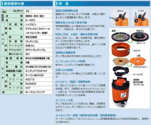 ツルミポンプ 水中ポンプ 自動 汚水 低水位 排水ポンプ LSCE1.4S 0.48KW/100V 溜水 汚水 災害 工事 給の通販はau PAY  マーケット エスエスネット au PAY マーケット－通販サイト