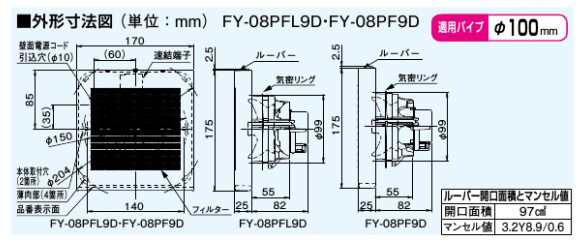 パナソニック トイレ 洗面所 居間 換気扇 パイプファン Φ100 FY-08PF9D