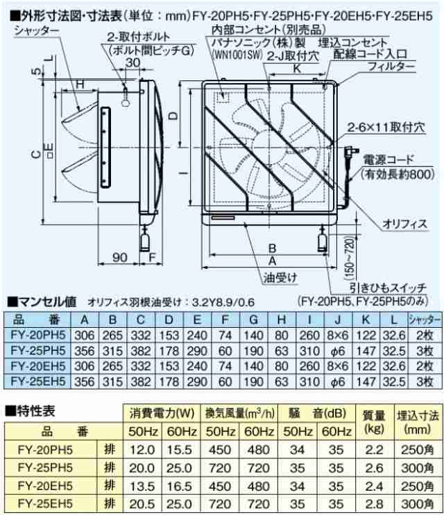 パナソニック 換気扇FY-20EM5 金属製換気扇 金属製換気扇 排気 電気式シャッター 埋込寸法：25cm角 - 1