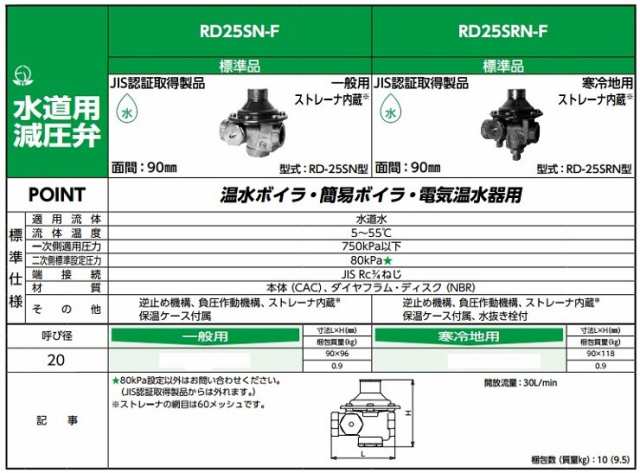 ベン 水道用減圧弁 RD25SRN-F 20A/80kPa 寒冷地用 工業用品 簡易 温水ボイラ 電気温水器 水道 蛇口の通販はau PAY  マーケット - エスエスネット