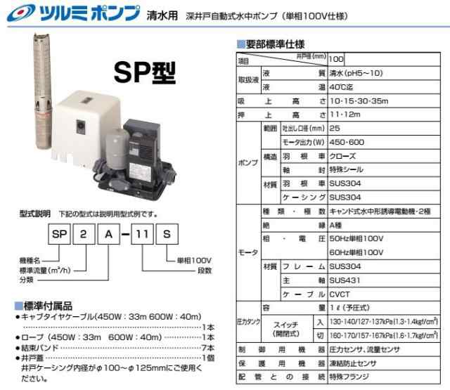 ツルミポンプ 深井戸水中ポンプ 深井戸ポンプ 清水用 井戸ポンプ Sp3a 5s 60hz 100v 井戸径100mmの通販はau Pay マーケット エスエスネット