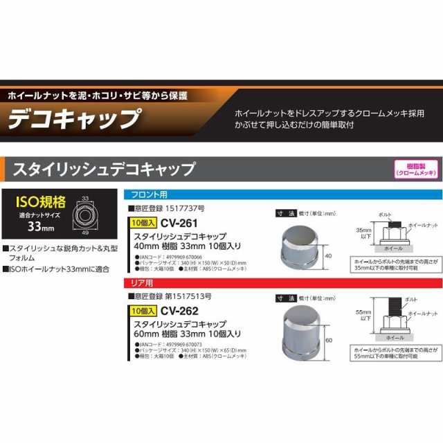 YAC ホイールナットカバー 10個入り ホイールナットキャップ ISO33mm用 リア用デコレーションキャップ デコキャップ CV-262｜au  PAY マーケット