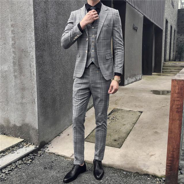 スリムスーツスリーピーススーツメンズ オシャレビジネススーツ洗えるパンツスーツセットアップ スーツセットメンズ スーツグレーチェッの通販はau Pay マーケット Hikari 株式会社
