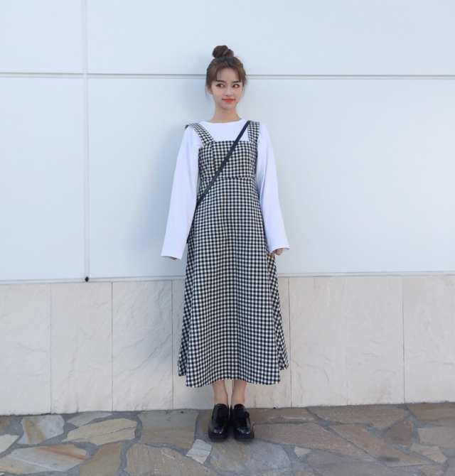 チェック ロングワンピース 秋 韓国 ファッション レディース ギンガムチェック ジャンパースカート フレアワンピース 秋服 レディース の通販はau Pay マーケット Vestito