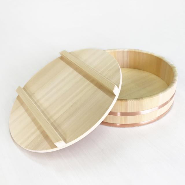 ◆飯台 フタ付き　30cm（約3合用)◆国産品/国産さわら・銅タガ　木工職人の手作り　寿司飯台　寿司桶　酢飯　国産品　安心　安全　天然木　さわら　飯台　銅タガ　ごはん　職人　寿司　蓋　すし　スシ_2