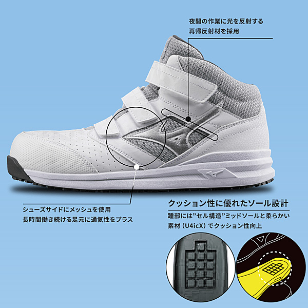 ミズノ 作業靴 安全靴 メンズ 3E相当 MIZUNO WORK オールマイティLS 2 21M ワーキングシューズ 普通作業用 耐滑 衝撃吸収 ミッドカット 樹脂先芯 3本ベルト JSAA規格A種 プロテクティブスニーカー くつ/F1GA2200_16