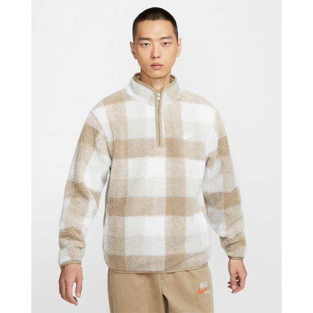 ナイキ フリース プルオーバー メンズ NIKE CLUB ウィンタライズド ハーフジップ 長袖 ルーズ トップス チェック柄 スポーツスタイル  メンズウエア 保温 スポーティ カーキ/白 男性 秋冬 服 nike ブランド アパレル/FZ0898-247