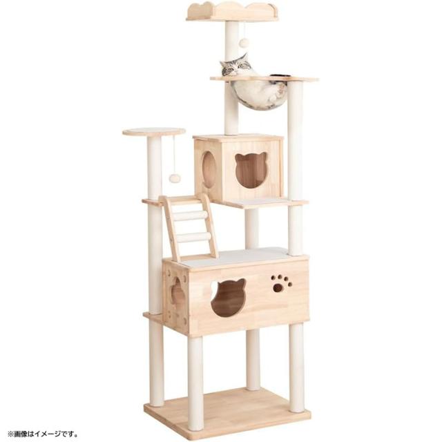 E5500YO ◆0606【アウトレット品】キャットタワー 木製 据え置き PETTIFUL ホワイト（ラバーウッド）  猫