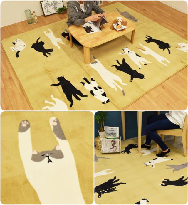 ラグ 北欧 ラグマット カーペット 厚手 猫 約185×185cm 2畳 ホットカーペット ホットカーペットカバー 2点セット 本体＋カバー マット ホットマット 電気カーペット オフタイマー付き カバー付き 省エネ 猫柄 あたたかい かわいい ふわふわ_2