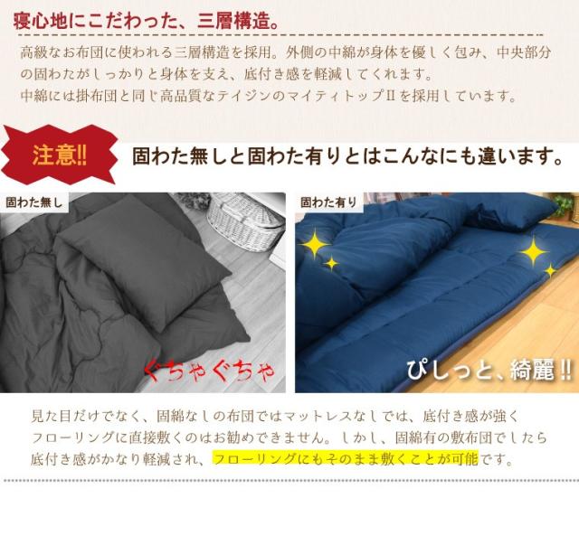 敷布団 日本製 敷き布団 単品 セミダブル ボリューム 防ダニ 抗菌 防臭 吸湿 国産 安心 約120×200cm テイジン TEIJIN 新生活 来客用 帰省 寝室 寝具 軽量 軽い 固わた マイティトップ_5