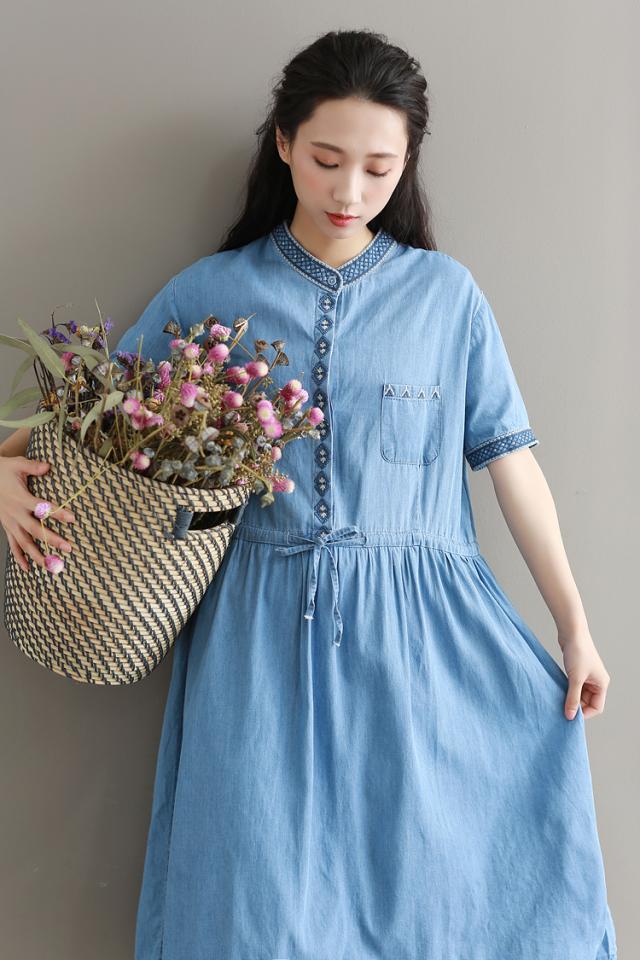 マタニティ ワンピース マタニティウエア ワンピース ひざ下丈 ミモレ丈 デニム 半袖 刺繍 デニムワンピ 前ボタン 産前 産後 授乳 リボンの通販はau Wowma マタニティウエア 専門店 Fairy Shop