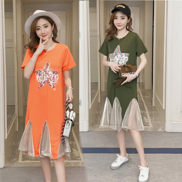 マタニティ ワンピース マタニティウエア ワンピース ひざ下丈 ミモレ丈 半袖 Tシャツワンピース 星 スター スパンコール レース カジュの通販はau Pay マーケット マタニティウエア 専門店 Fairy Shop