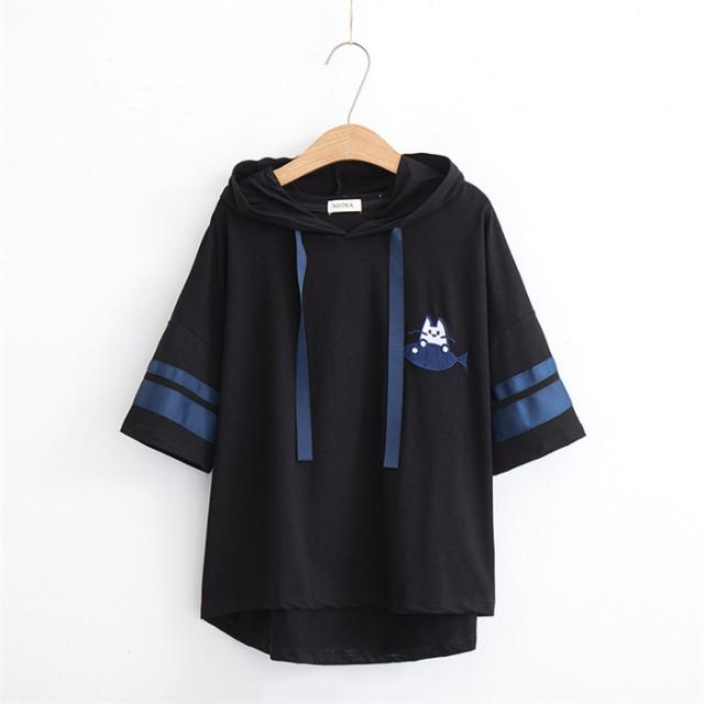 送料無料 パーカー 女子高生 フード付き 猫刺繍 ネコ柄 プルオーバーパーカー かわいい 夏服 半袖 ゆったり レディース 学院風 パーカー の通販はau Pay マーケット Srs