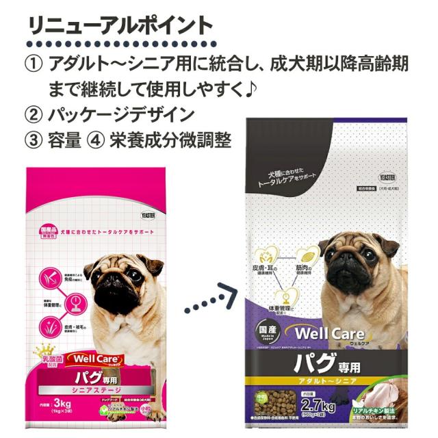 ウェルケア パグ専用 ドッグフード アダルト シニア 2.7kg(900g×3個) 4袋 セット 犬 総合栄養食 健康維持 免疫維持 体重管理 成犬用 ドライフード ペットフード シニア 高齢期 小粒 パグ pug フード_2