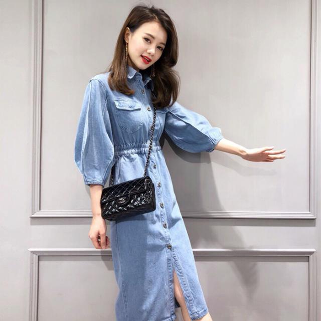 パフスリーブデニムワンピース デニムワンピース シャツワンピース ミディアム丈 ボタン ハイウエスト デニム ジーンズ の通販はau Pay マーケット ココローズ