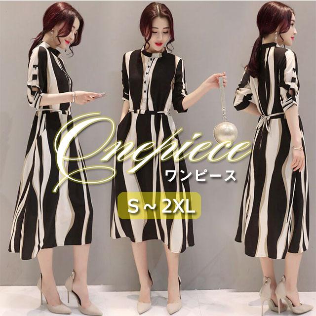 シフォンストライプ膝丈ワンピース 長袖ワンピース シャツワンピース ハイウエスト フォーマル 大きいサイズの通販はau Pay マーケット ココローズ