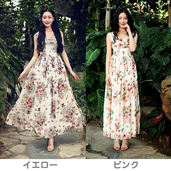 シフォンロング蝶々柄ワンピース リゾートワンピース ビーチワンピース ハイウエスト ノースリーブワンピース 大きいサイズの通販はau Pay マーケット ココローズ