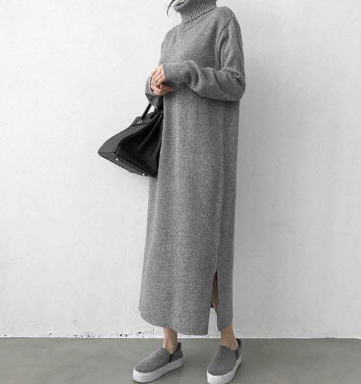 ワンピース ニット ニットワンピース タートルネック スリット 長袖 ロング丈 無地 ゆったり マキシ セーター ハイネックの通販はau Pay マーケット Happinessshop Au Pay マーケット店