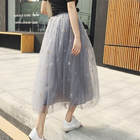 星柄 チュールスカート ひざ丈 レース 冬服 春 コーデ グレー レディース カジュアル 秋服 膝下 冬 スカート 春服 可愛い ハイウエストの通販はau Pay マーケット Happinessshop Au Pay マーケット店
