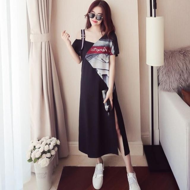 春夏新作 レディース ワンピース イラスト プリント スリット スカート 着痩せ シンブル 人気ワンピース お出かけ 美脚 肩出しの通販はau Pay マーケット Happinessshop Au Pay マーケット店