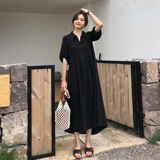 ワンピース ロング丈 ワンピ シャツ 黒 大きいサイズ マキシ ロング ワンピース 学院風 ５分袖 春 夏 無地の通販はau Pay マーケット Happinessshop Au Pay マーケット店