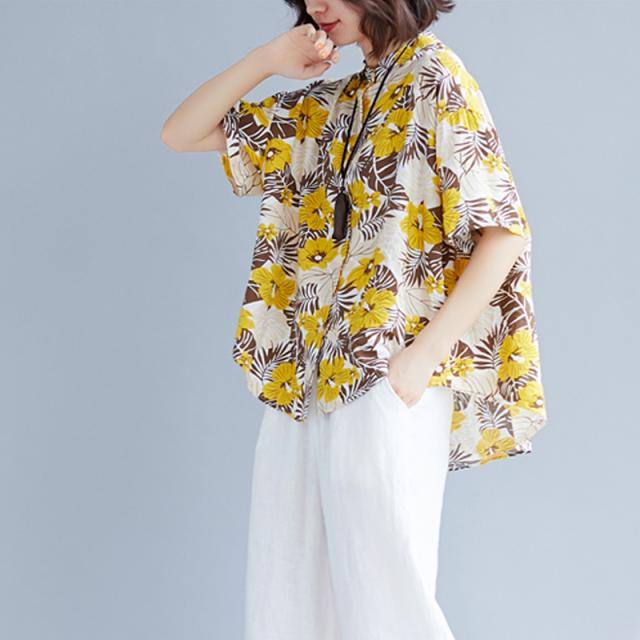 アロハシャツ レディース トップス ブラウス ノーカラー 花柄 羽織 ルーズ オーバーサイズ ゆったり 大きめの通販はau Pay マーケット Happinessshop Au Pay マーケット店