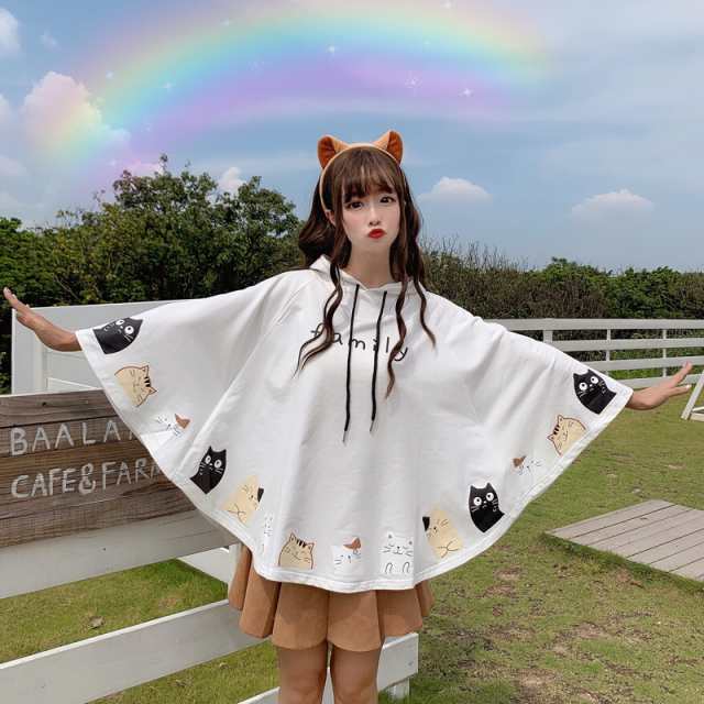 ケープ ポンチョ 猫柄 ネコ 秋服 春秋 かわいい 衣装 フード付き ポンチョコート アウター 森ガール 学生 ショート丈 森ガールの通販はau Pay マーケット Happinessshop Au Pay マーケット店