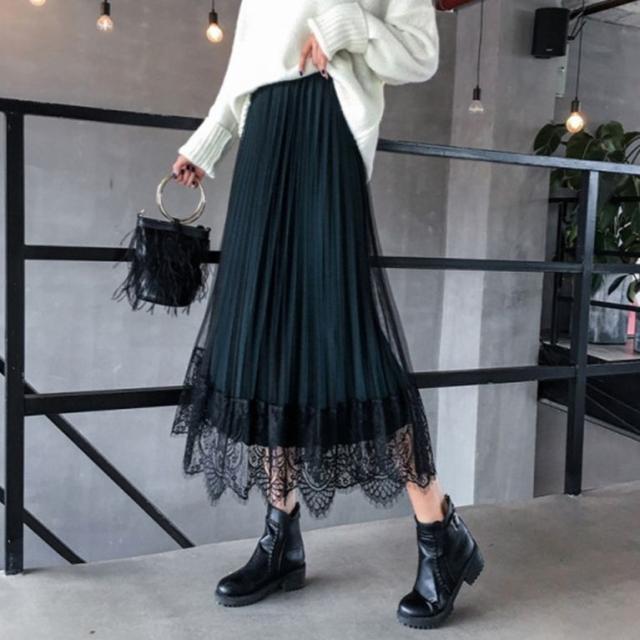 プリーツスカート ロング丈 レース 無地 黒 緑 きれいめ 人気の通販はau Pay マーケット Happinessshop Au Pay マーケット店
