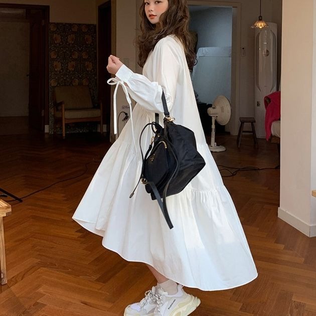 ワンピース ワンピ シャツワンピース ロング アシンメトリー アンバランス フレア リボン 長袖 ゆったり 白 大人可愛いの通販はau Pay マーケット Happinessshop Au Pay マーケット店