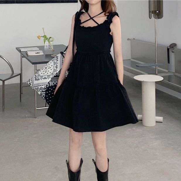 ワンピース ミニ丈 ティアード フリル ノースリーブ フレア 無地 黒 春 夏 人気 レディース 韓国 オルチャンの通販はau Pay マーケット Happinessshop Au Pay マーケット店