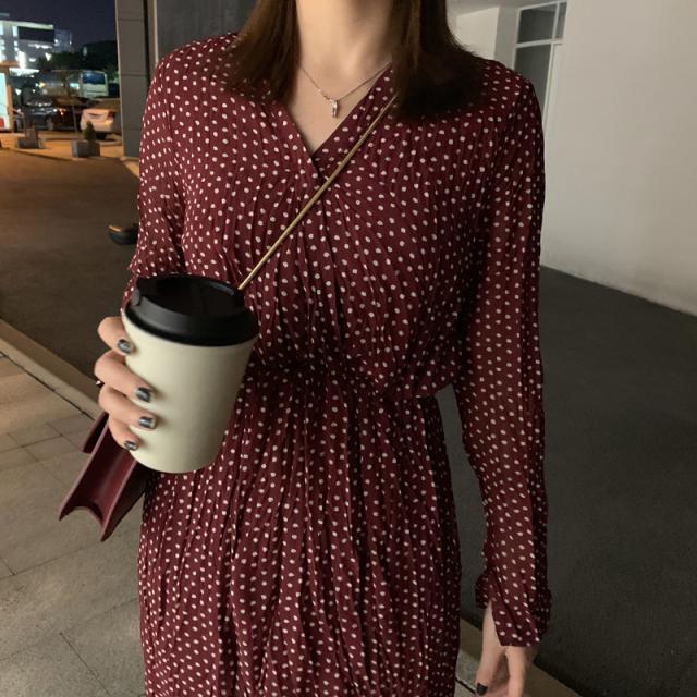 ワンピース ドットワンピース シフォンワンピース Vネック レトロ ドット 水玉 レディース ロング丈 ミモレ丈 長袖の通販はau Pay マーケット Happiness Shop