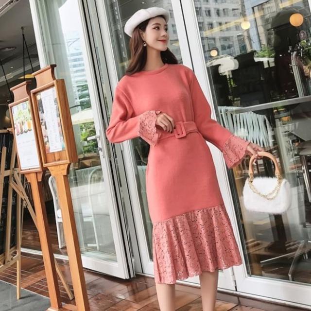 ワンピース ニット レース 花柄 異素材 長袖 ベルスリーブ ベルト ウエストマーク ひざ丈 ミディ丈 きれいめ レトロ 秋 冬 コーデの通販はau Pay マーケット Happiness Shop