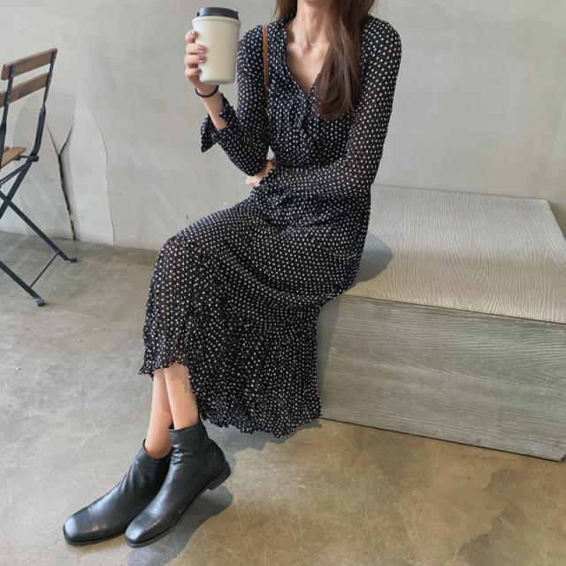 ワンピース ドットワンピース シフォンワンピース Vネック レトロ ドット 水玉 レディース ロング丈 ミモレ丈 長袖の通販はau Pay マーケット Happiness Shop