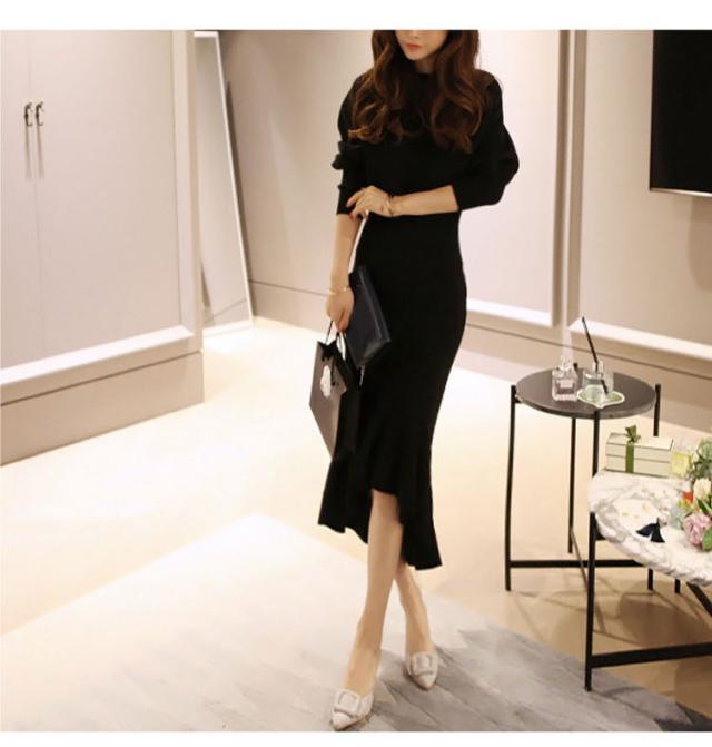 お呼ばれ ワンピース 代 タイト パーティー ロング 結婚式 ドレス 同窓会 フィッシュテール ミモレ丈 長袖 フリル エレガント ニットワの通販はau Pay マーケット An Allure レディース ファッション