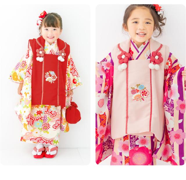 七五三 3歳 着物 フルセット 赤 被布 草履 髪飾り
