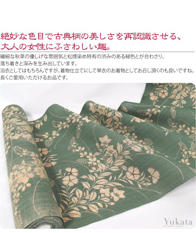 反物 浴衣地 夏用 日本製 竺仙 松煙染小紋 3005秋草模様 12m グリーン 江戸引き染めブランド 美しいキモノ掲載常連 おしゃれ 大人 レディース 女性 10024655_1