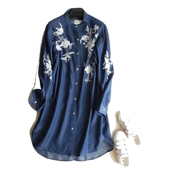 大人可愛いデニムシャツ カジュアル 花柄刺繍 ノーカラー ロングシャツ 30代 40代 50代 ママコーデ 女子会 お出かけの通販はau Pay マーケット ｄｊ ｆｒｅａｋ