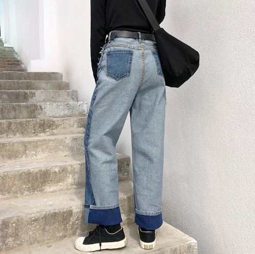 カジュアルストレートデニム ワイドパンツ バイカラー ジーンズ メンズ