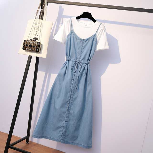 大人可愛いデニムワンピース キャミワンピ ミモレ丈 tシャツ付き 大きいサイズ 春夏 レディース 20代 30代 デート 女子会 旅行 au pay マーケット