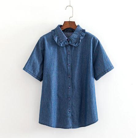 大人可愛いデニムシャツ 半袖 フリル襟 無地 定番ショート丈 ベーシック 大きいサイズ 春夏 レディース 代 30代 通学 女子会 おでかけの通販はau Pay マーケット ｄｊ ｆｒｅａｋ