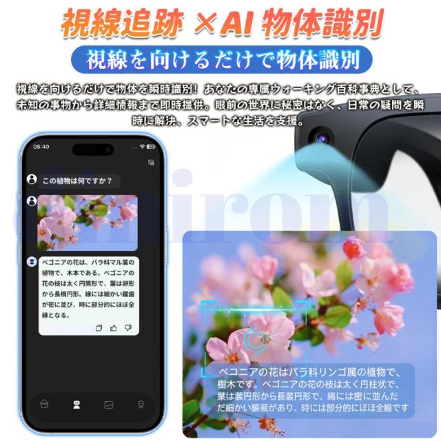 スマートグラス マイク内蔵 AIメガネ Bluetooth5.3 AI検索 翻訳 800W解像度 録画 録音 ios/Android 音楽再生 通話可能