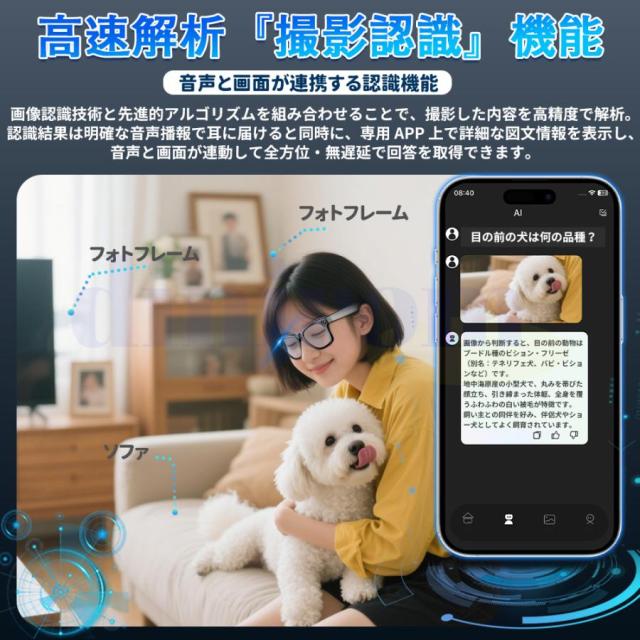 新登場！スマートグラス マイク内蔵 AIワイヤレスメガネ Bluetooth5.3 AI検索 AI翻訳 500W解像度 録画 録音 iphone対応 アプリ記録 音楽再生 通話可能 高音質