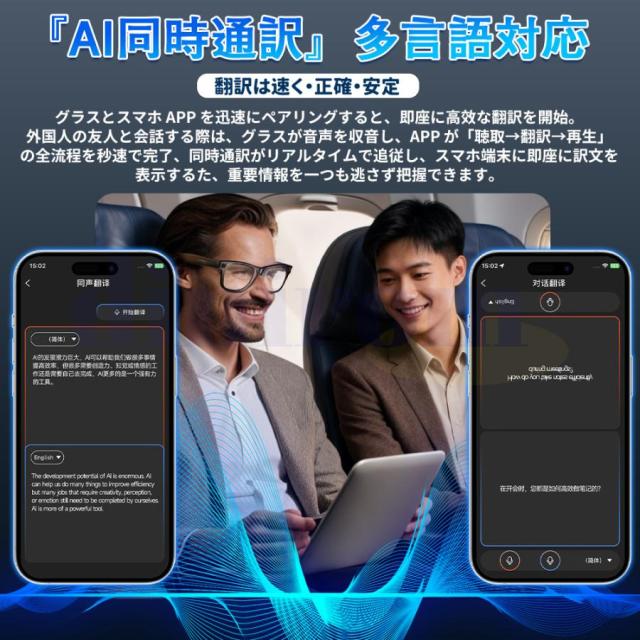 新登場！スマートグラス マイク内蔵 AIワイヤレスメガネ Bluetooth5.3 AI検索 AI翻訳 500W解像度 録画 録音 iphone対応 アプリ記録 音楽再生 通話可能 高音質
