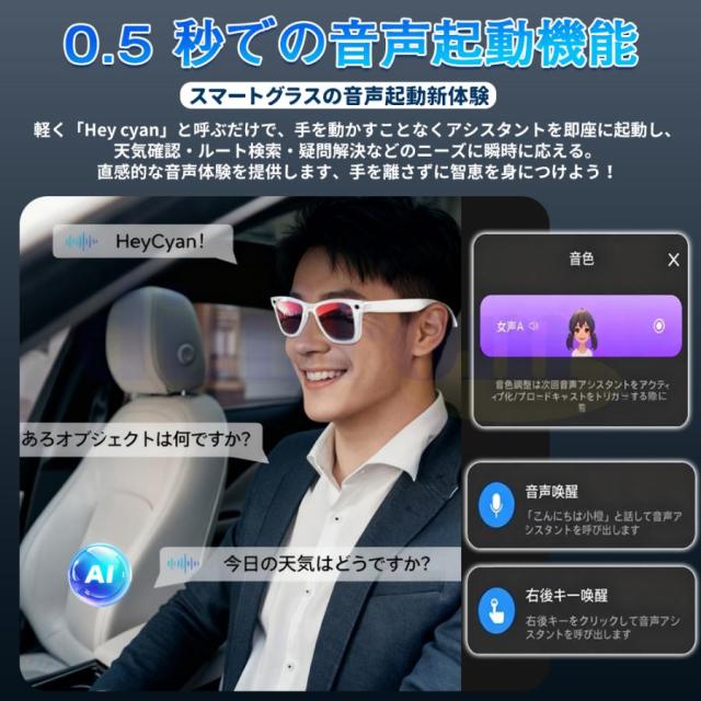 新登場！スマートグラス マイク内蔵 AIワイヤレスメガネ Bluetooth5.3 AI検索 AI翻訳 500W解像度 録画 録音 iphone対応 アプリ記録 音楽再生 通話可能 高音質