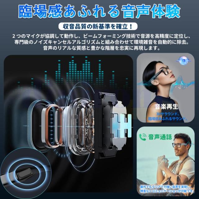 新登場！スマートグラス マイク内蔵 AIワイヤレスメガネ Bluetooth5.3 AI検索 AI翻訳 500W解像度 録画 録音 iphone対応 アプリ記録 音楽再生 通話可能 高音質
